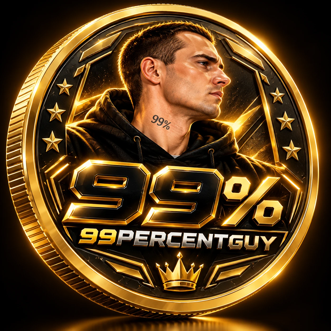 The official 99% coin — gold coin featuring 99PercentGuy and the 99% logo